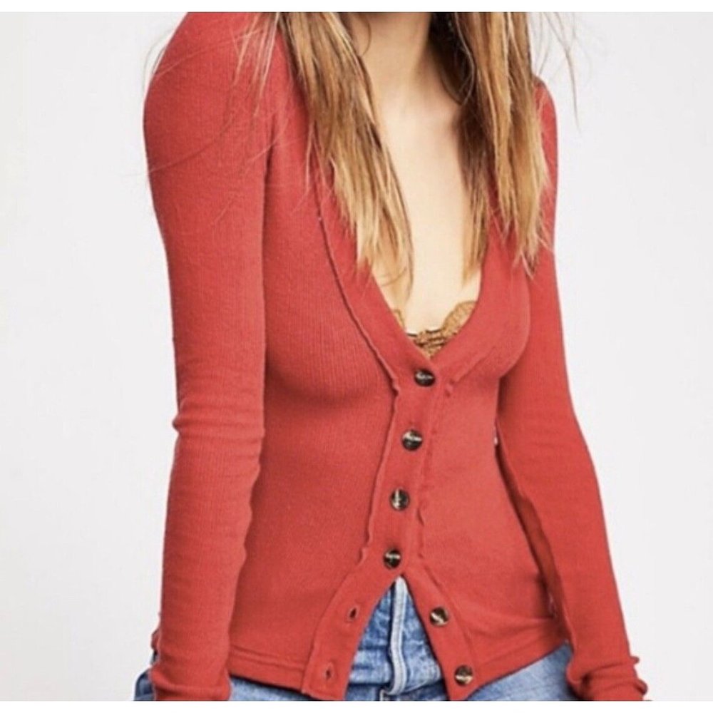 Free People We The Free Call Me Cardigan Red Orange V-Neck Sweater Womens sz M